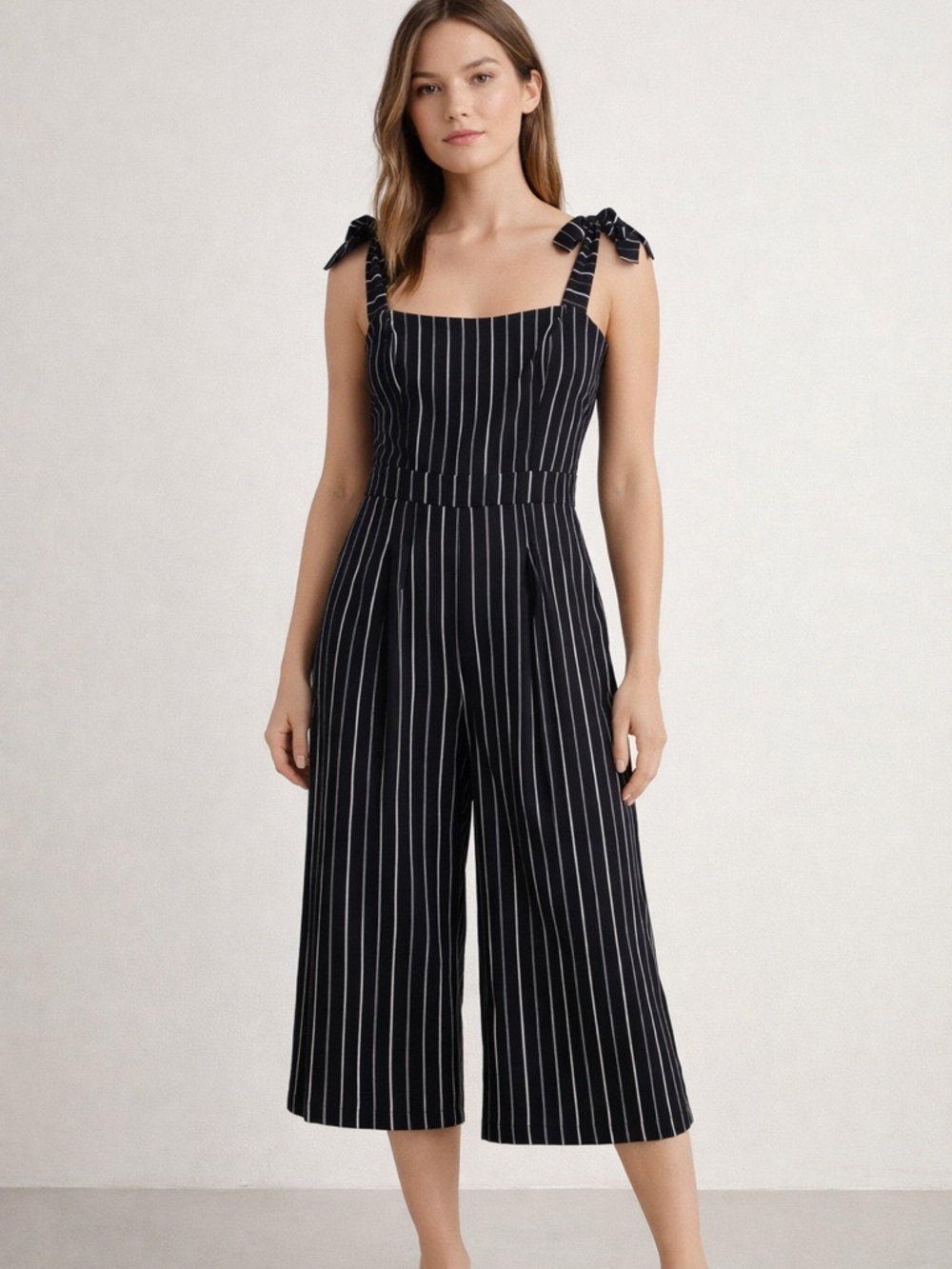 L'ATISTE Black Pinstripe Tie-Shoulder Jumpsuit